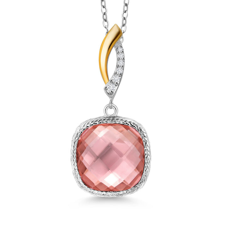 925 Sterling Silver Peach Nano Morganite and White Lab Grown Diamond Pendant Necklace for Women | 7.57 Cttw | Gemstone October Birthstone | Cushion 12MM | With 18 Inch Chain