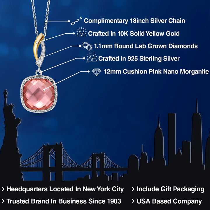 925 Sterling Silver Peach Nano Morganite and White Lab Grown Diamond Pendant Necklace for Women | 7.57 Cttw | Gemstone October Birthstone | Cushion 12MM | With 18 Inch Chain