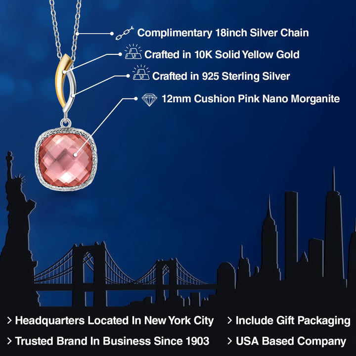 925 Sterling Silver Peach Nano Morganite Pendant Necklace for Women | 7.52 Cttw | Gemstone October Birthstone | Cushion 12MM | With 18 Inch Chain