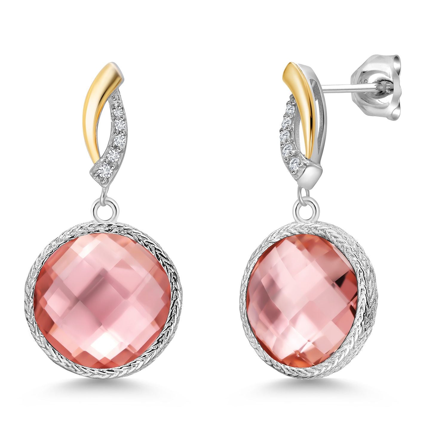 925 Sterling Silver Peach Nano Morganite and White Lab Grown Diamond Earrings for Women | 13.47 Cttw | Gemstone March Birthstone | Round 12MM