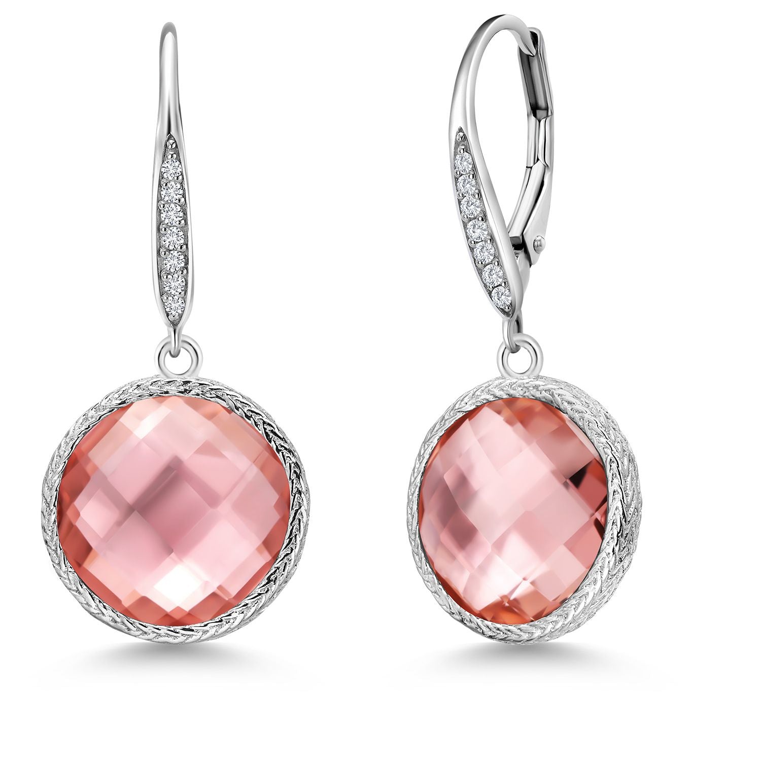 925 Sterling Silver Peach Nano Morganite and White Lab Grown Diamond Earrings for Women | 13.50 Cttw | Gemstone March Birthstone | Round 12MM