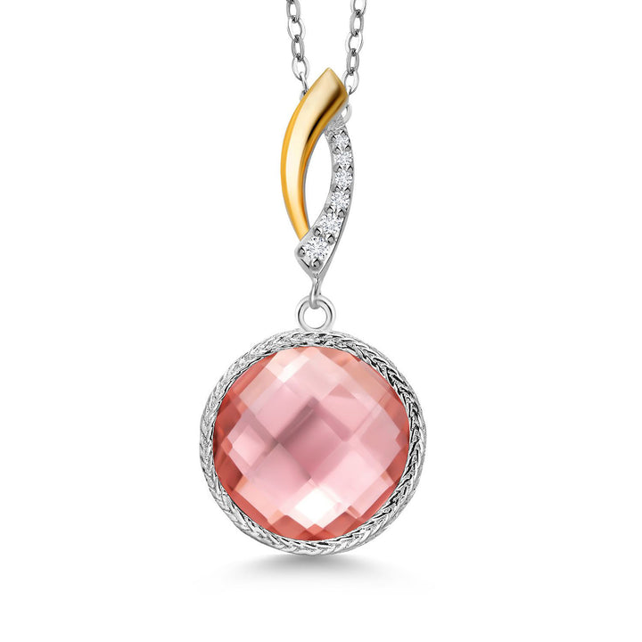 925 Sterling Silver Peach Nano Morganite and White Lab Grown Diamond Pendant Necklace for Women | 6.75 Cttw | Gemstone March Birthstone | Round 12MM | With 18 Inch Chain