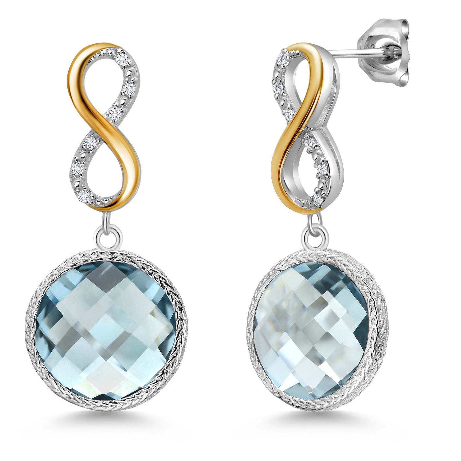 925 Sterling Silver Sky Blue Simulated Aquamarine and White Lab Grown Diamond Earrings for Women | 13.46 Cttw | Gemstone March Birthstone | Round 12MM