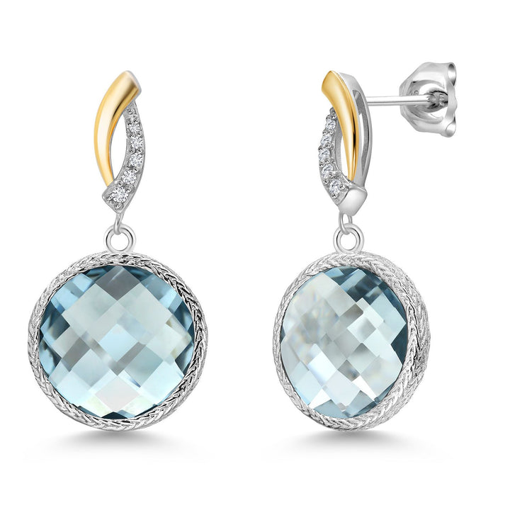 925 Sterling Silver Sky Blue Simulated Aquamarine and White Lab Grown Diamond Earrings for Women | 13.47 Cttw | Gemstone March Birthstone | Round 12MM