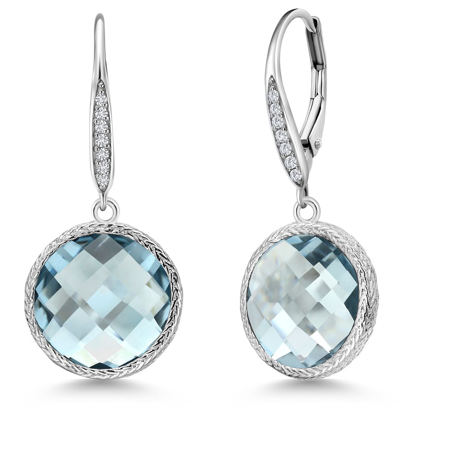 925 Sterling Silver Sky Blue Simulated Aquamarine and White Lab Grown Diamond Earrings for Women | 13.50 Cttw | Gemstone March Birthstone | Round 12MM