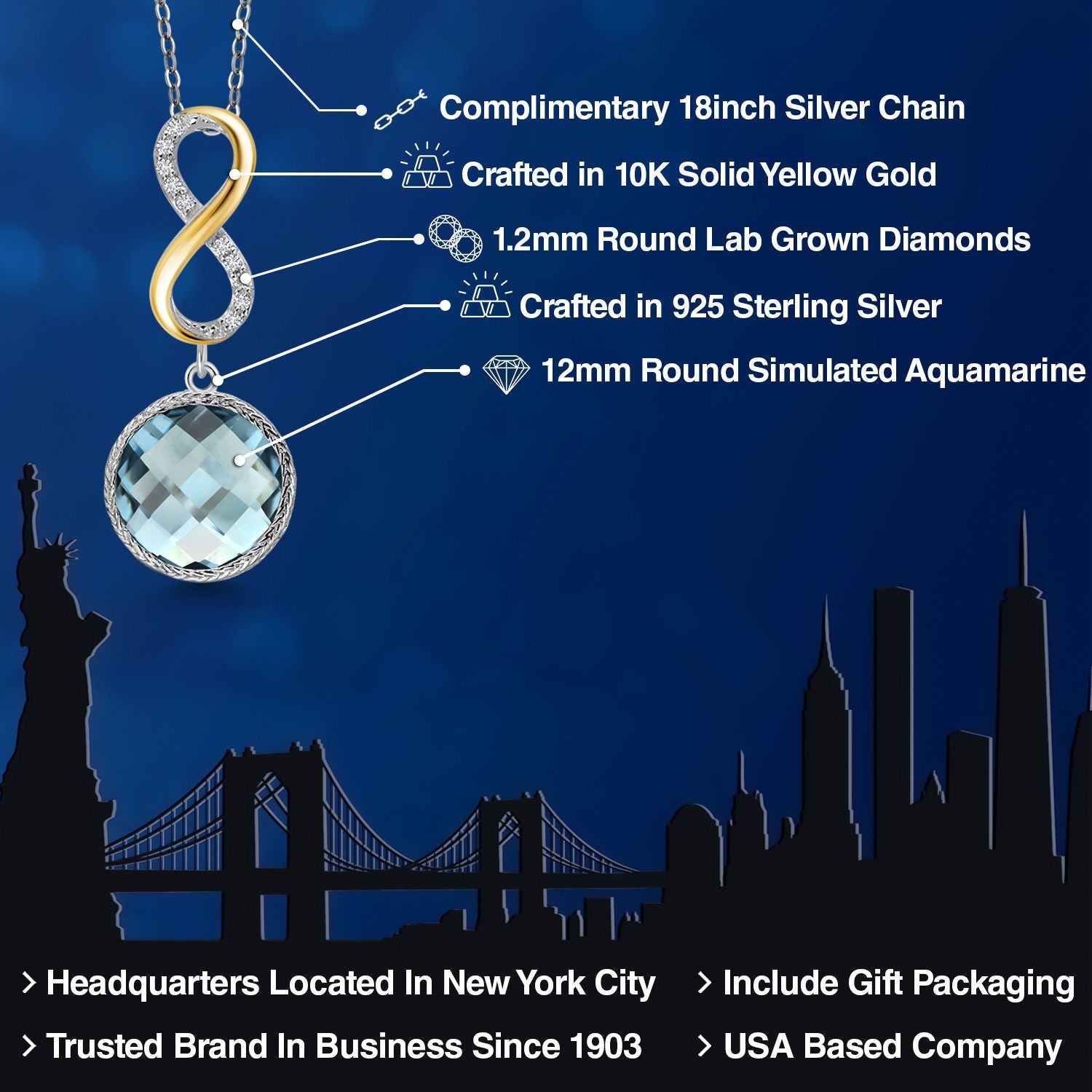 925 Sterling Silver Sky Blue Simulated Aquamarine and White Lab Grown Diamond Pendant Necklace for Women | 6.78 Cttw | Gemstone March Birthstone | Round 12MM | With 18 Inch Chain