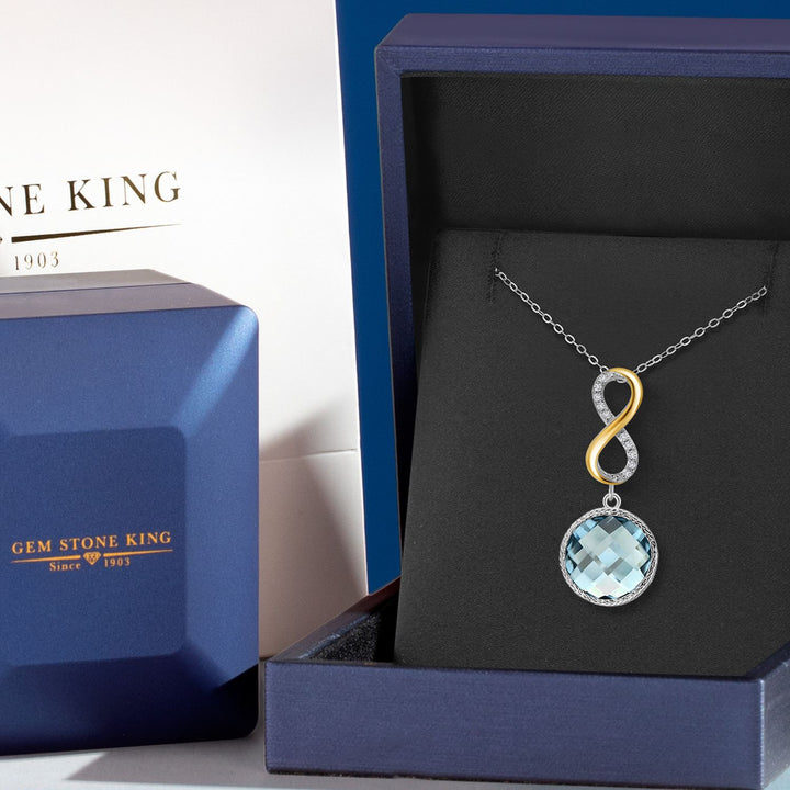 925 Sterling Silver Sky Blue Simulated Aquamarine and White Lab Grown Diamond Pendant Necklace for Women | 6.78 Cttw | Gemstone March Birthstone | Round 12MM | With 18 Inch Chain