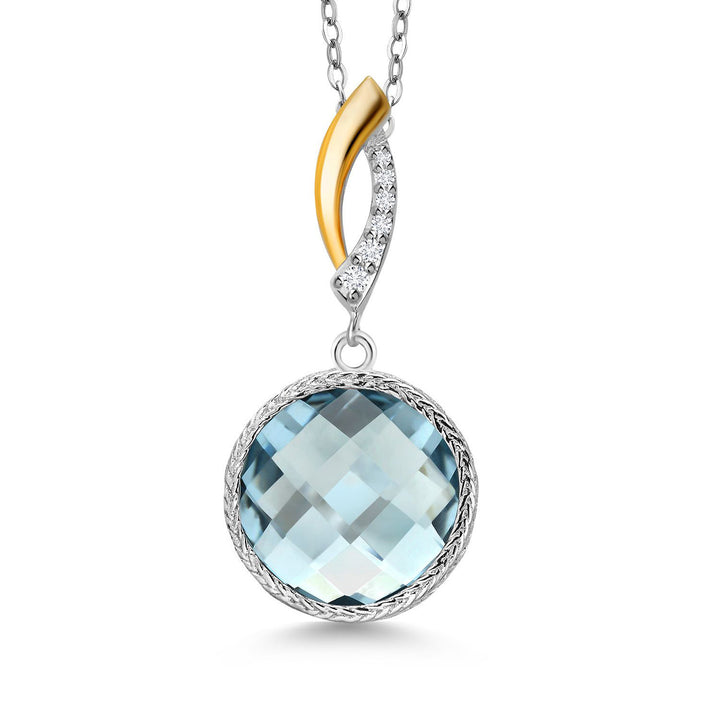 925 Sterling Silver Sky Blue Simulated Aquamarine and White Lab Grown Diamond Pendant Necklace for Women | 6.75 Cttw | Gemstone March Birthstone | Round 12MM | With 18 Inch Chain