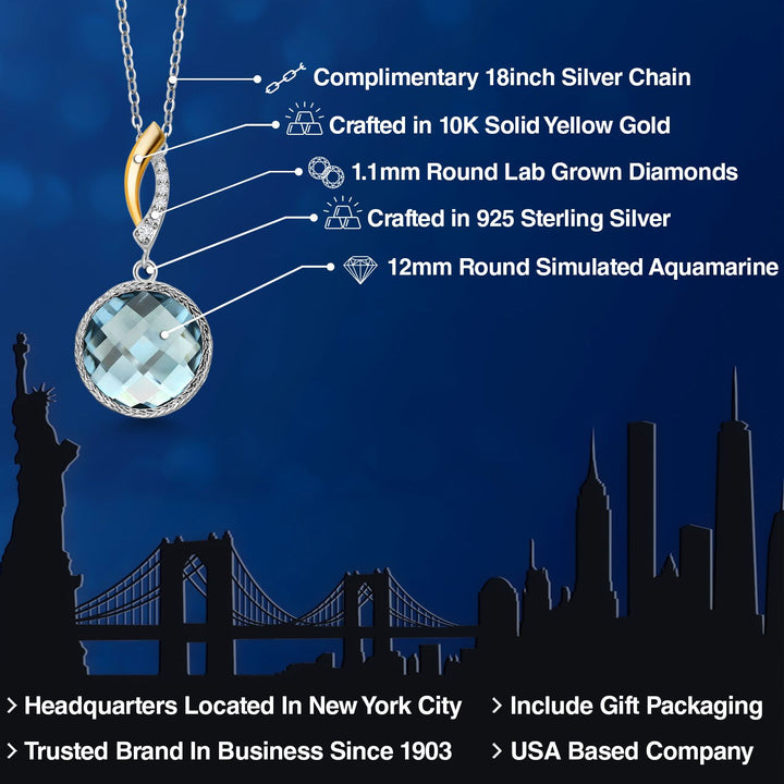 925 Sterling Silver Sky Blue Simulated Aquamarine and White Lab Grown Diamond Pendant Necklace for Women | 6.75 Cttw | Gemstone March Birthstone | Round 12MM | With 18 Inch Chain