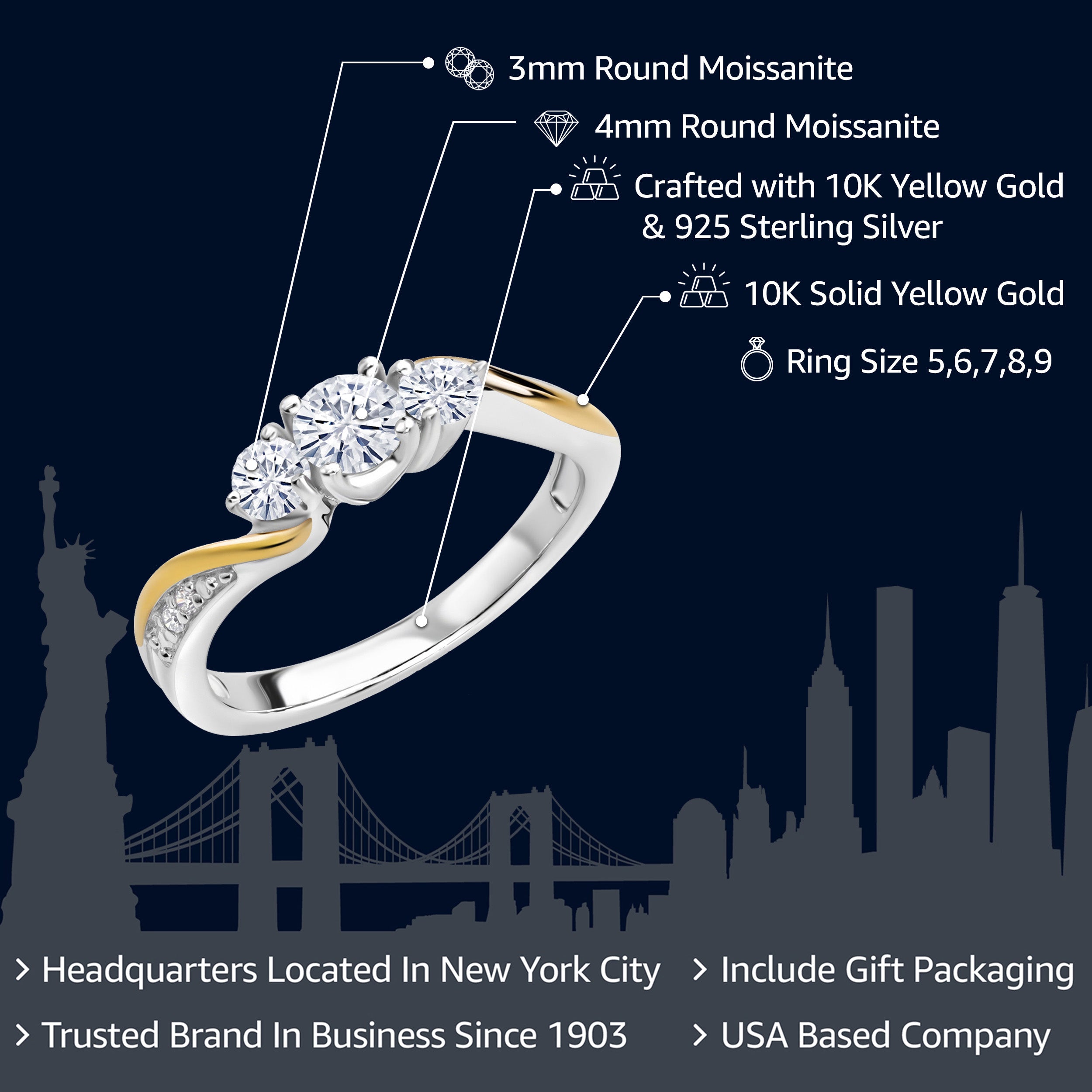 925 Sterling Silver and 10K Yellow Gold White Moissanite and White Lab Grown Diamond 3 Stone Engagement Ring For Women | 0.46 Cttw | Available In Size 5, 6, 7, 8, 9