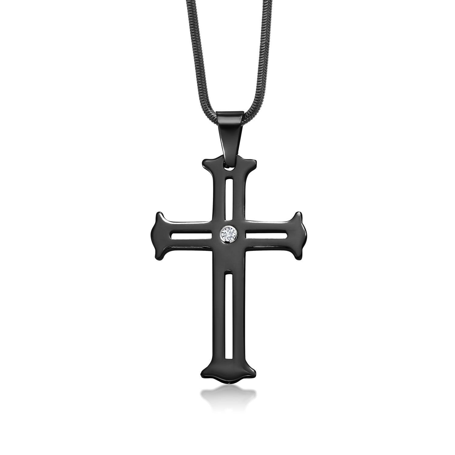 Men's Scratch-Proof Tungsten Carbide Religious Cross Pendant Necklace with Lab Grown Diamonds and Black IP Plating on Stainless Steel Chain - G-H Color, VS2-SI1 Clarity