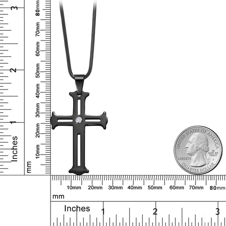 Men's Scratch-Proof Tungsten Carbide Religious Cross Pendant Necklace with Lab Grown Diamonds and Black IP Plating on Stainless Steel Chain - G-H Color, VS2-SI1 Clarity