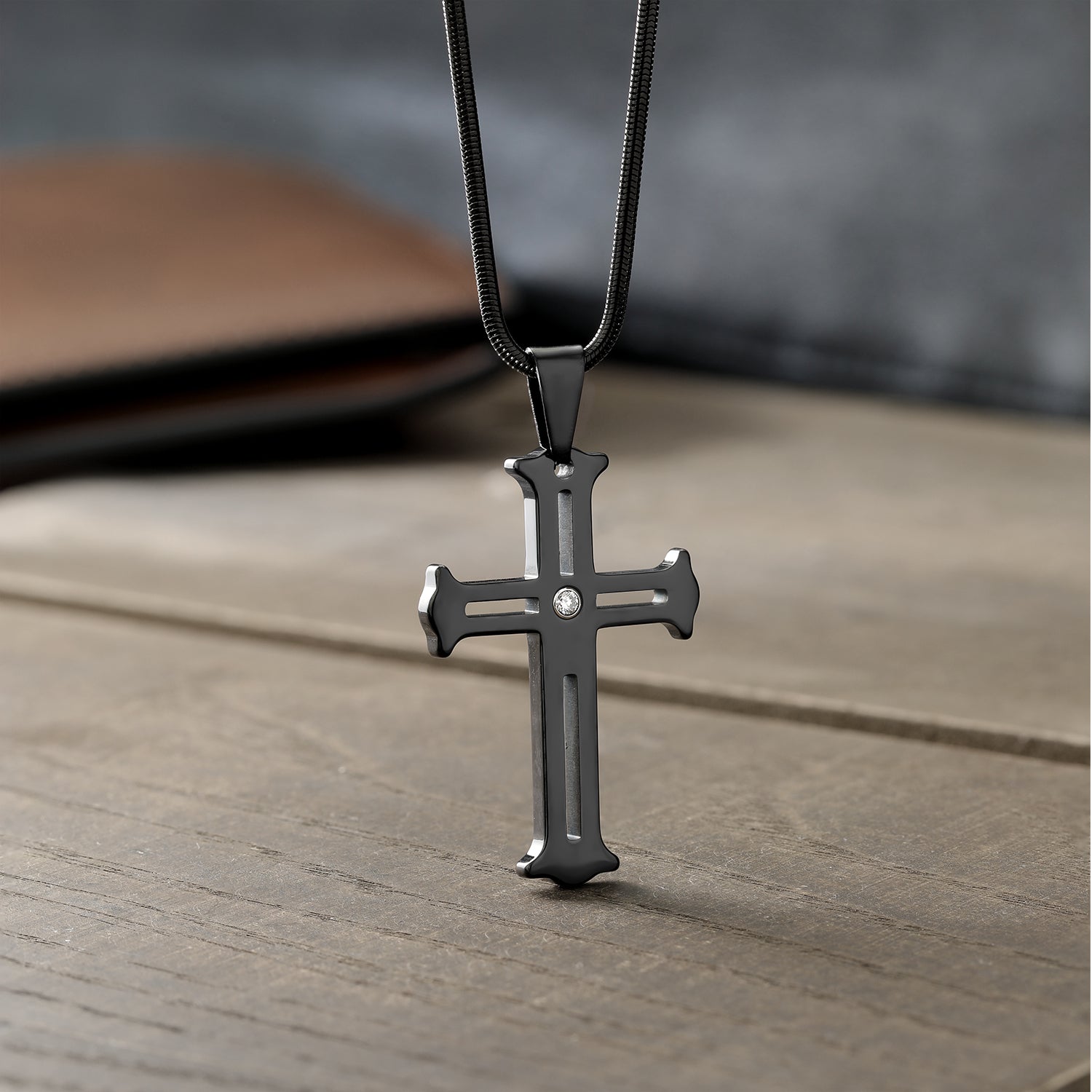 Men's Scratch-Proof Tungsten Carbide Religious Cross Pendant Necklace with Lab Grown Diamonds and Black IP Plating on Stainless Steel Chain - G-H Color, VS2-SI1 Clarity