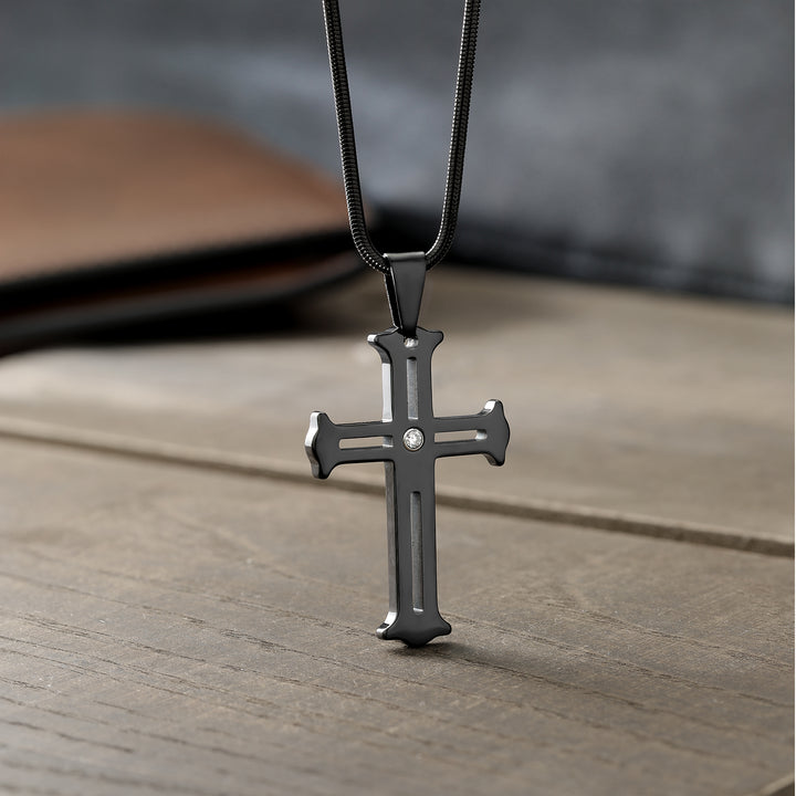 Men's Scratch-Proof Tungsten Carbide Religious Cross Pendant Necklace with Lab Grown Diamonds and Black IP Plating on Stainless Steel Chain - G-H Color, VS2-SI1 Clarity