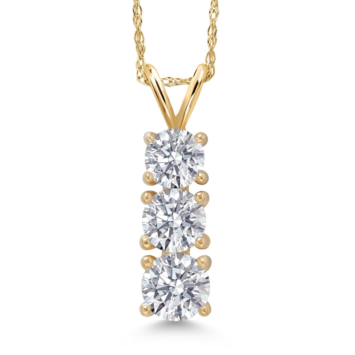 10K Yellow Gold 3-Stone Lab Grown Diamond Pendant Necklace | 0.75 Cttw | Gemstone Birthstone | Three Stone Necklace For Women | 1/2 Inch | With 18 Inch Chain