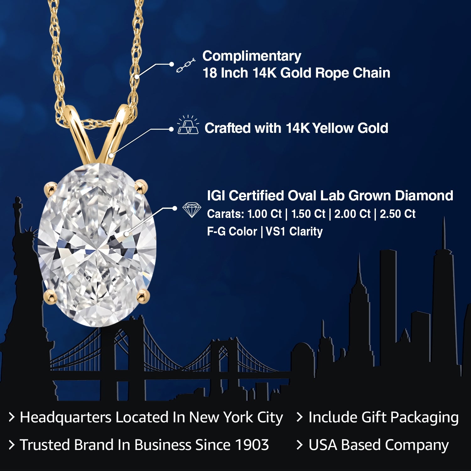 1.50 Ct IGI Certified Lab Grown Diamond Pendant Necklace For Women in 14K Yellow Gold | Oval Cut | F-G Color | VS Clarity | With 18 Inch Gold Chain