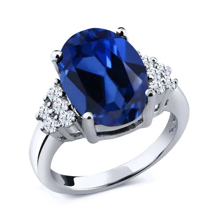 6.40 Ct Blue Simulated Sapphire and White Created Sapphire 925 Sterling Silver Women's Ring (Available 5,6,7,8,9)