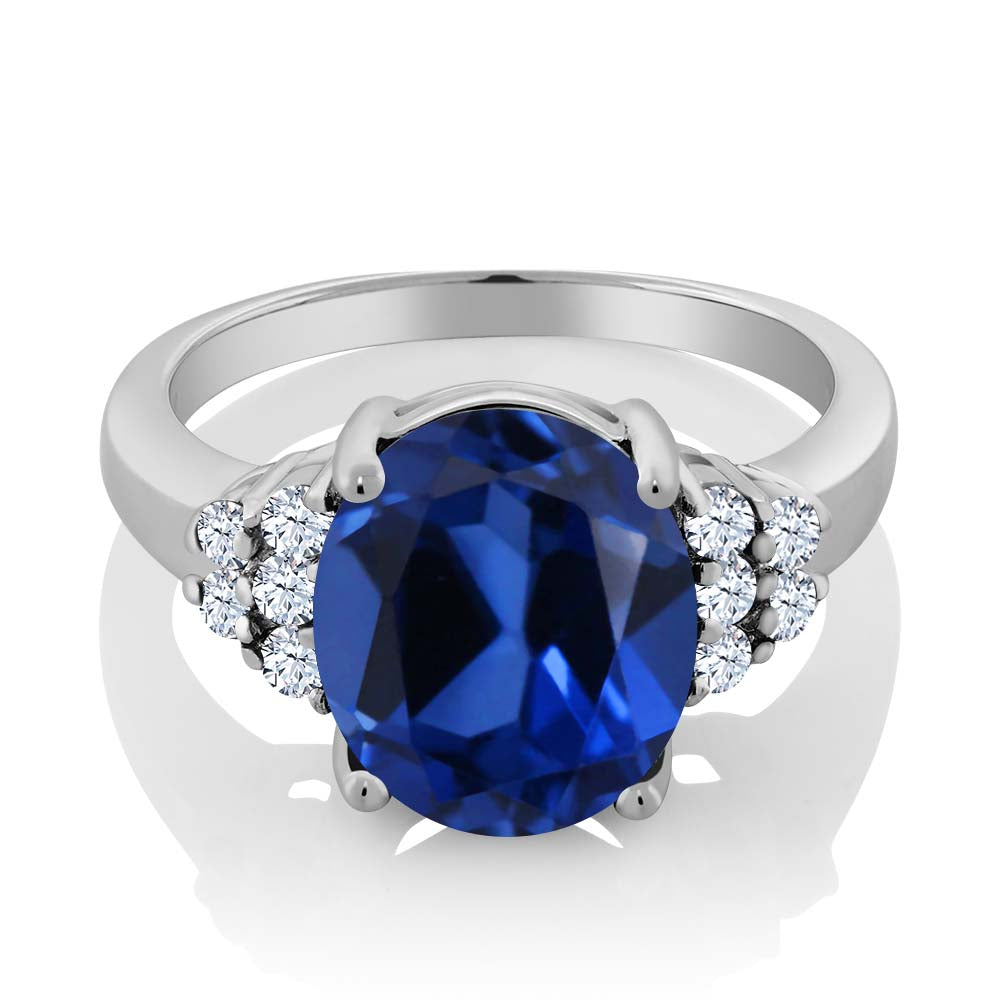 6.40 Ct Blue Simulated Sapphire and White Created Sapphire 925 Sterling Silver Women's Ring (Available 5,6,7,8,9)