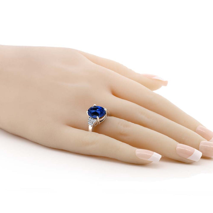 6.40 Ct Blue Simulated Sapphire and White Created Sapphire 925 Sterling Silver Women's Ring (Available 5,6,7,8,9)