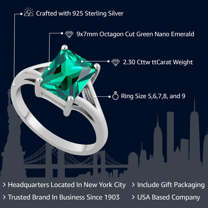 925 Sterling Silver Green Nano Emerald Solitaire Engagement Ring For Women (2.30 Cttw, Emerald Cut 9X7MM, Gemstone May Birthstone, Available in Size 5,6,7,8,9)