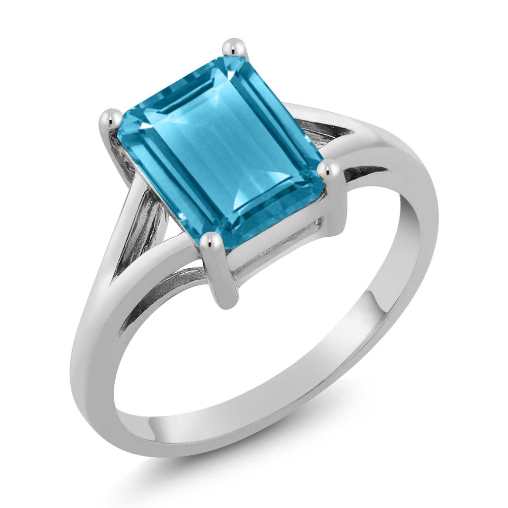 3.20 Cttw Swiss Blue Topaz Solitaire Engagement Ring For Women In 925 Sterling Silver | Emerald Cut 9X7MM | Gemstone November Birthstone | Available in Size 5,6,7,8,9