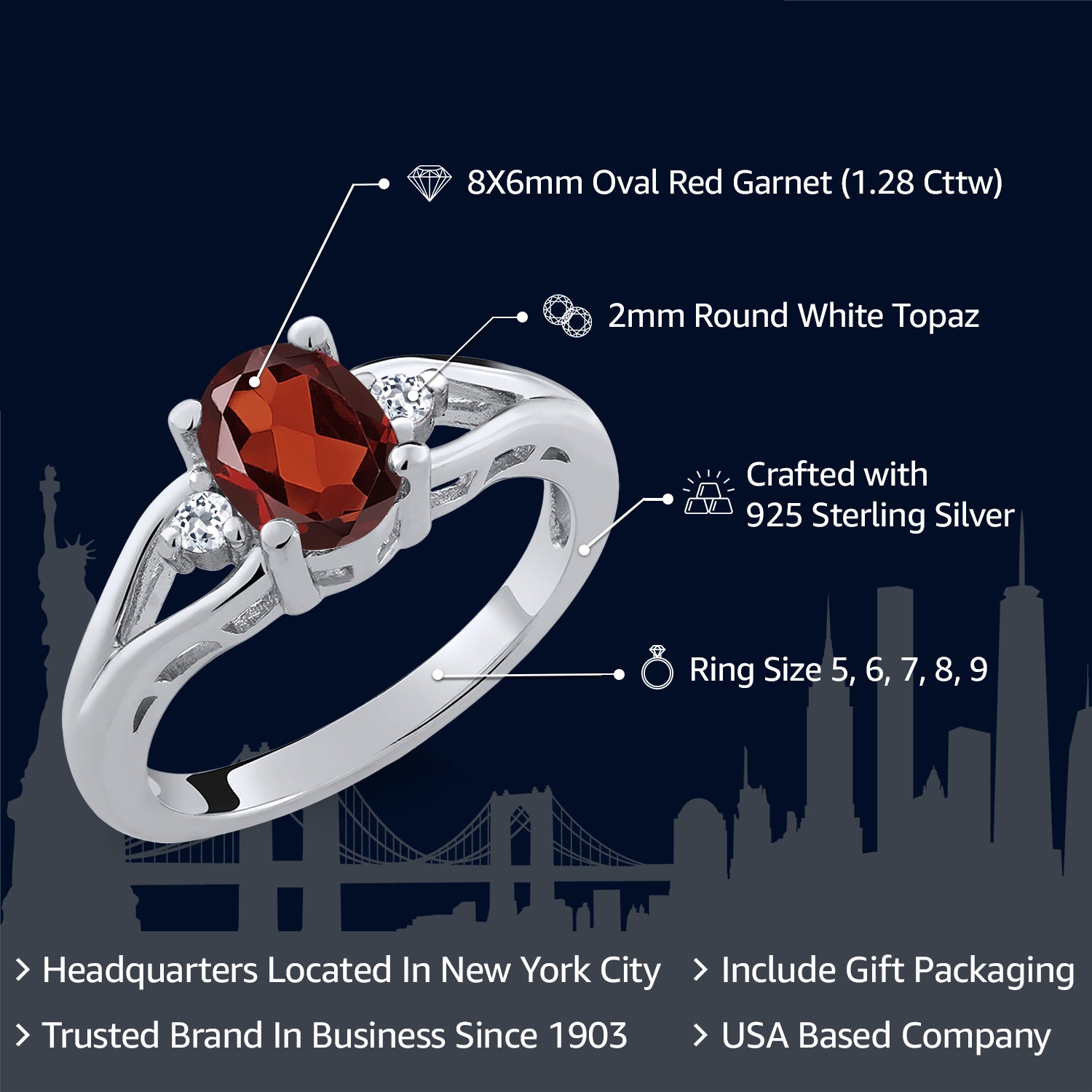 925 Sterling Silver Red Garnet and White Topaz 3 Stone Engagement Ring For Women | 1.28 Cttw | Oval 8X6MM | Round 2MM | Gemstone January Birthstone | Available in Size 5,6,7,8,9