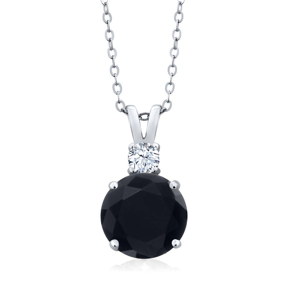 3.14 Cttw Black Onyx and White Topaz Pendant Necklace For Women In 925 Sterling Silver | Gemstone December Birthstone | Round 10MM | With 18 Inch Chain