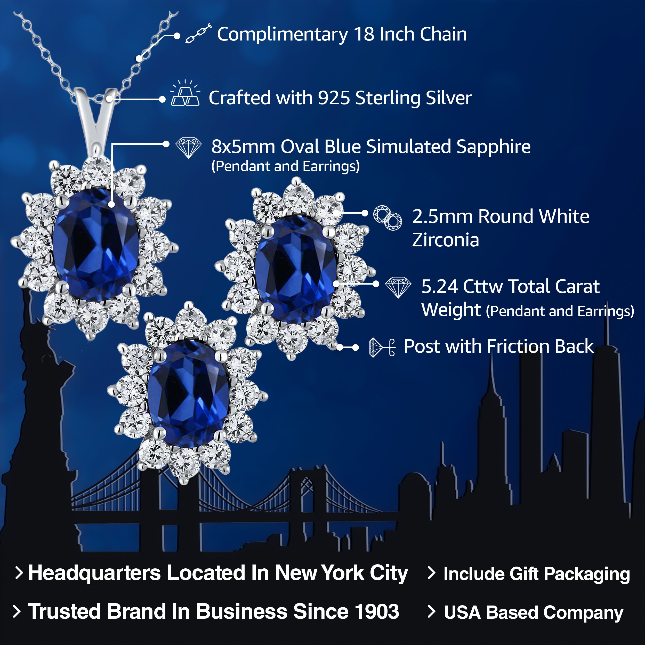 Gem Stone King Sterling Silver Blue Sapphire Jewelry Set – 4.04cttw Emerald Cut Pendant & Earrings, 18" Chain, September Birthstone