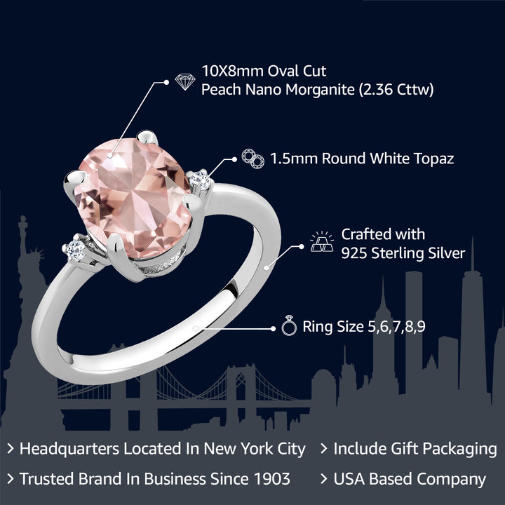 925 Sterling Silver Peach Nano Morganite and White Topaz 3 Stone Ring For Women (2.36 Cttw, Oval 10X8MM, Gemstone October Birthstone, Available in Size 5,6,7,8,9)