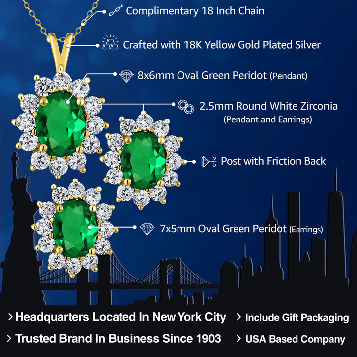 18K Yellow Gold Plated Silver Green Nano Emerald Pendant and Earrings Jewelry Set For Women (2.80 Cttw, Gemstone May Birthstone, Oval 8X6MM and 7X5MM, with 18 Inch Silver Chain)