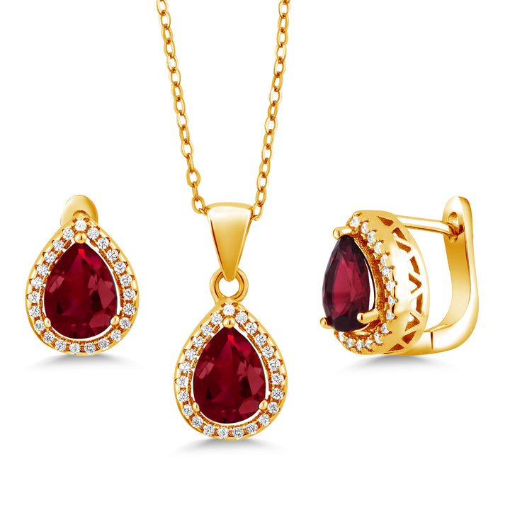 Created Ruby - July_18K Yellow Gold Plated Silver_Pendant Earrings Set in 18K Yellow Gold Plated Silver