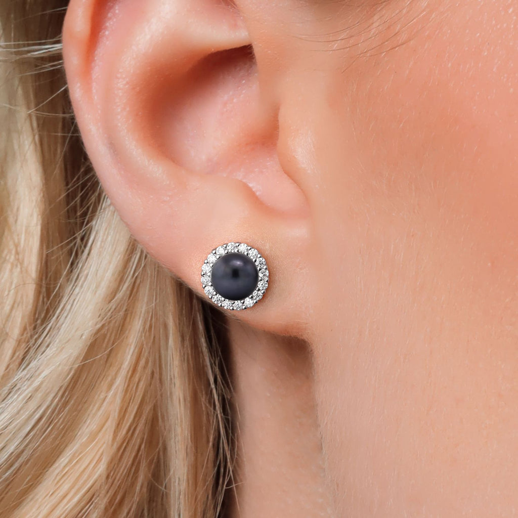 925 Sterling Silver Black Cultured Freshwater Pearl Stud Earrings with Jackets For Women (Gemstone Birthstone, Round 10MM Jackets)