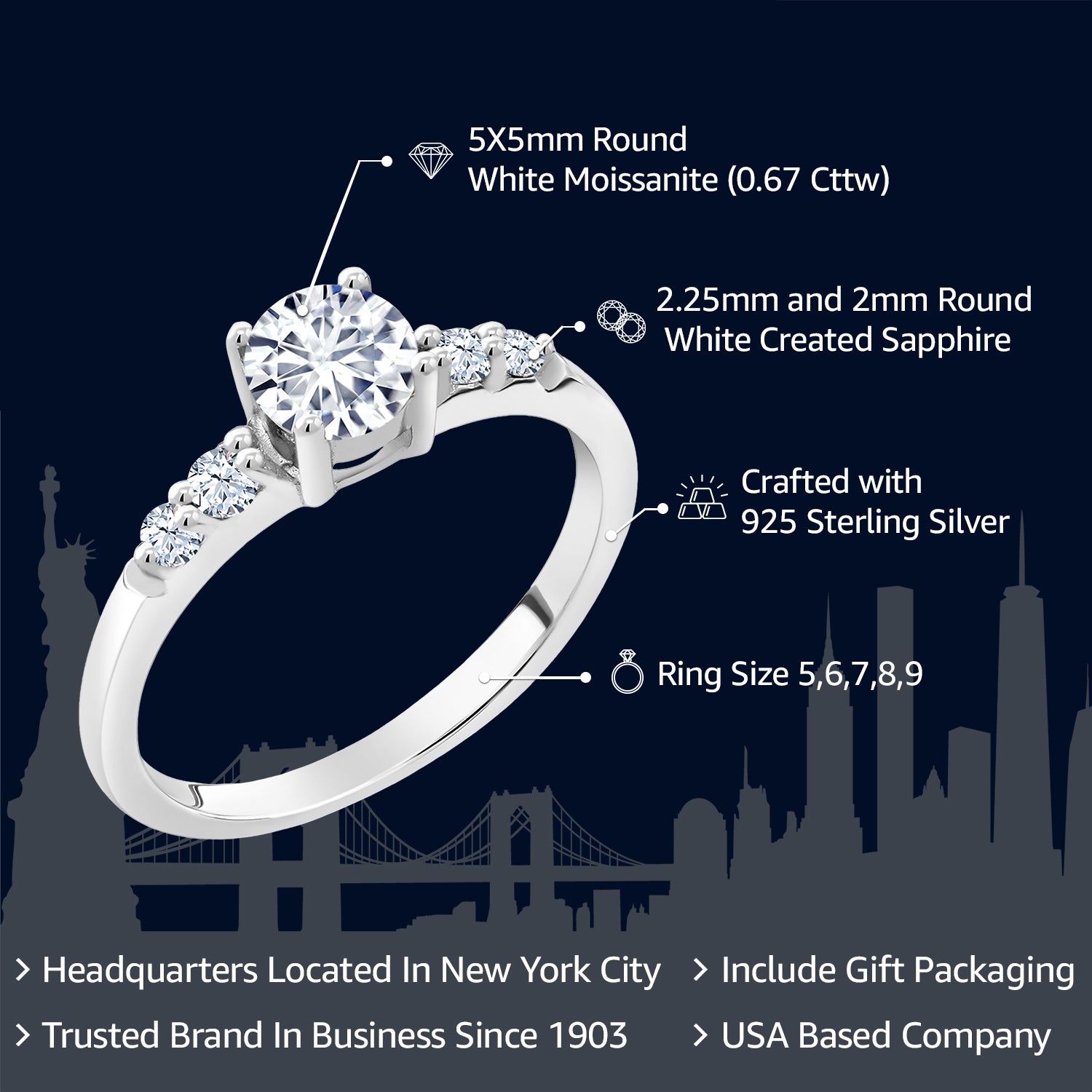 925 Sterling Silver White Moissanite and Created Sapphire Engagement Ring For Women (0.67 Cttw, Round 5MM, Available In Size 5,6,7,8,9)