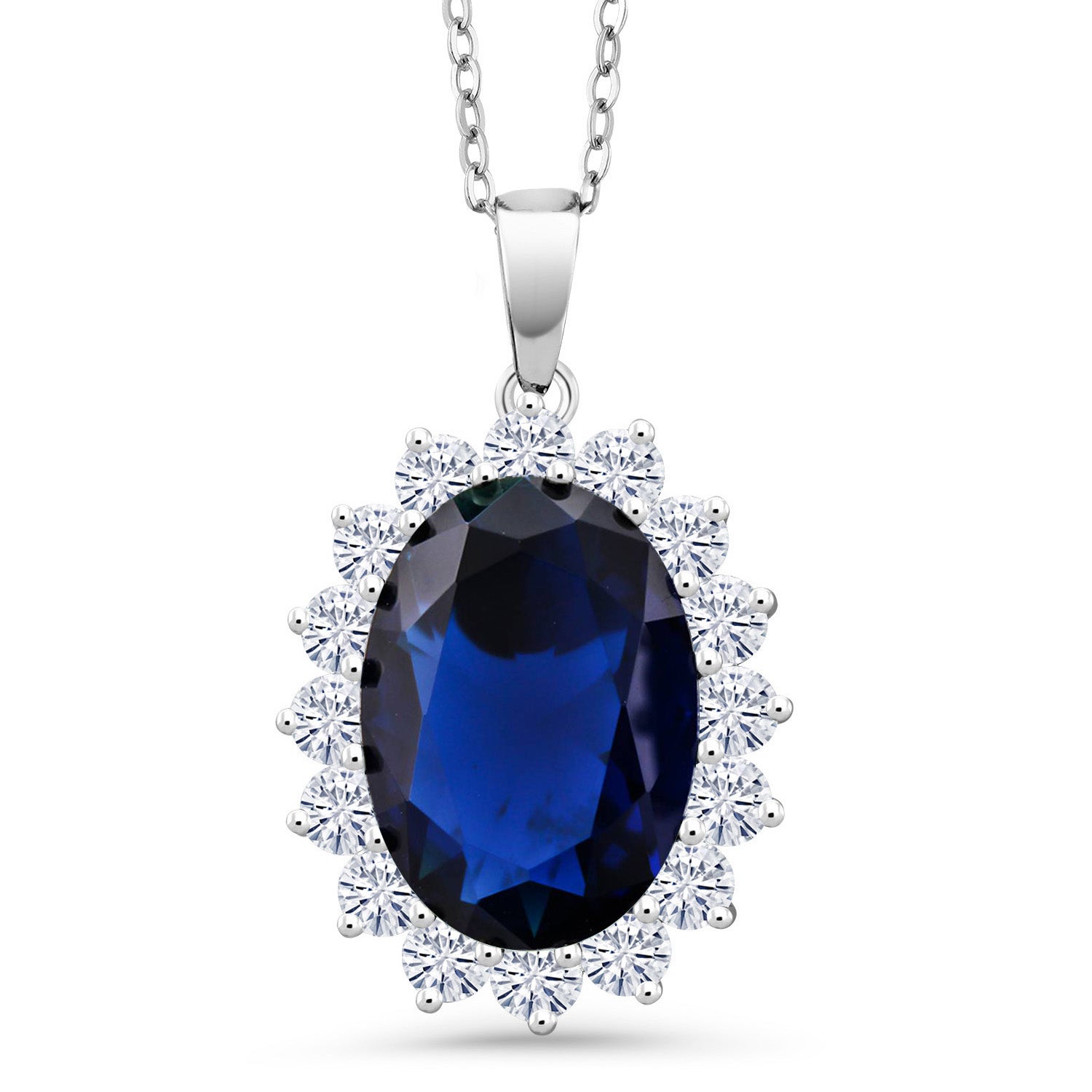 13.00 Cttw Blue Simulated Sapphire Pendant Necklace For Women In 925 Sterling Silver | Oval 13X18MM | With 18 Inch Silver Chain