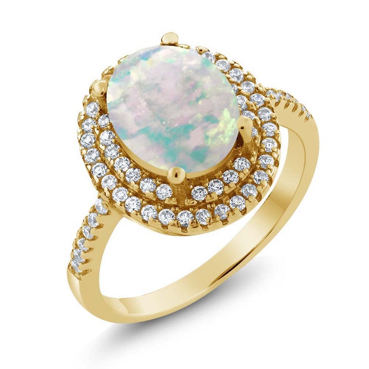 White Simulated Opal_5_Ring in 925 Yellow Gold Plated Silver