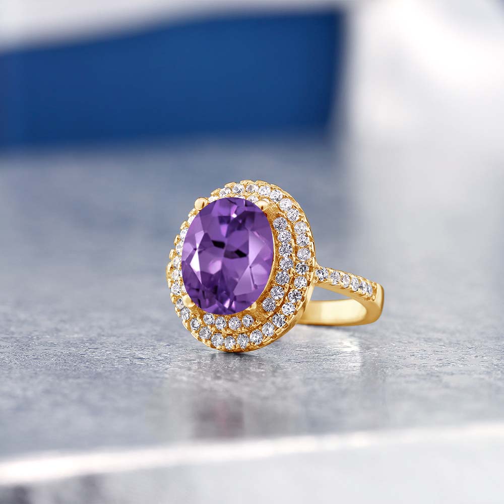 Amethyst and Zirconia_5_Ring in 925 Yellow Gold Plated Silver