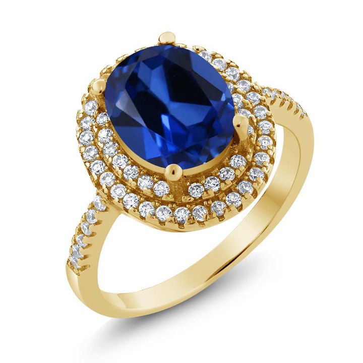 Blue Created Sapphire_6_Ring in 925 Yellow Gold Plated Silver