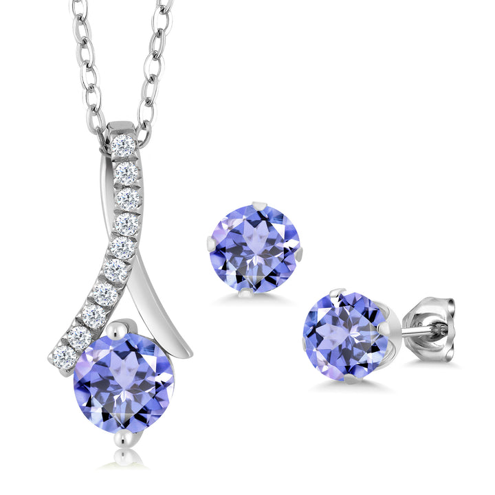 925 Sterling Silver Blue Tanzanite Pendant and Earrings Jewelry Set For Women (1.97 Cttw, Gemstone Birthstone, Round 6MM, with 18 Inch Silver Chain)