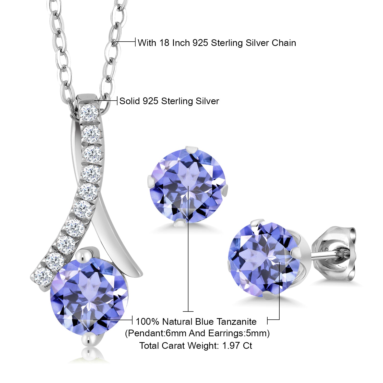 925 Sterling Silver Blue Tanzanite Pendant and Earrings Jewelry Set For Women (1.97 Cttw, Gemstone Birthstone, Round 6MM, with 18 Inch Silver Chain)