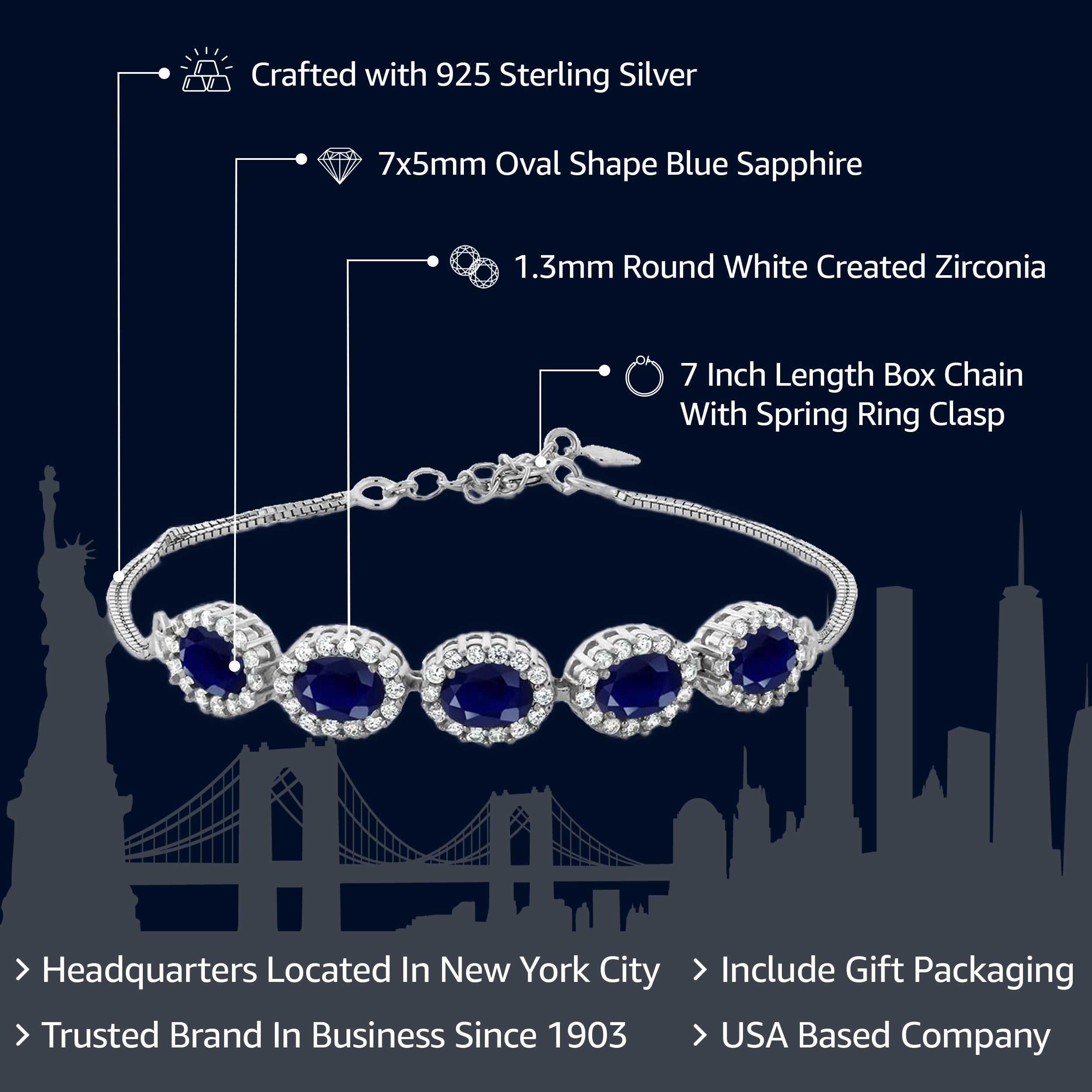 925 Sterling Silver Blue Sapphire Tennis Bracelet For Women (6.14 Cttw, Gemstone Birthstone, Center Stones: 7X5MM, 7 Inch + 1.5 inch Extender)