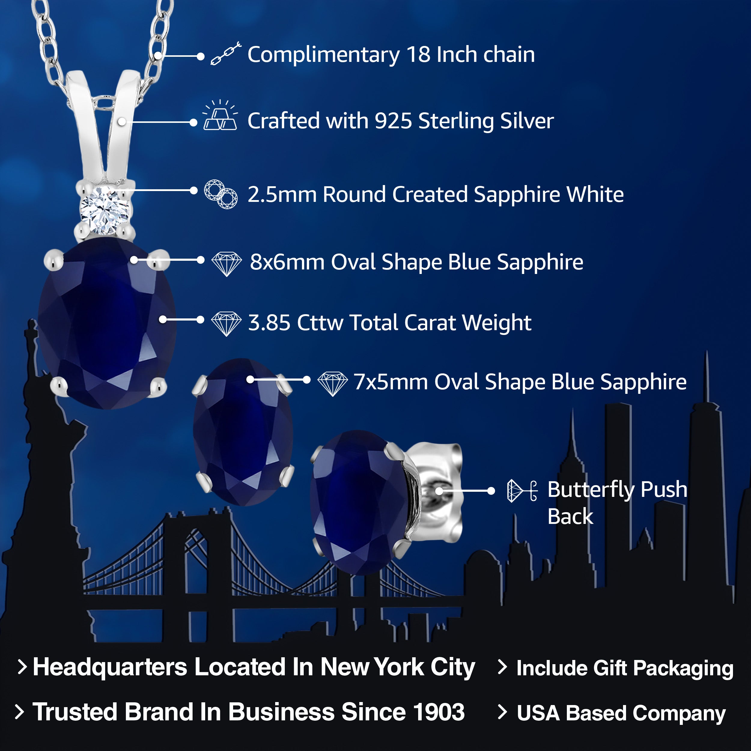 Gem Stone King 925 Sterling Silver Oval Blue Sapphire Pendant and Earr