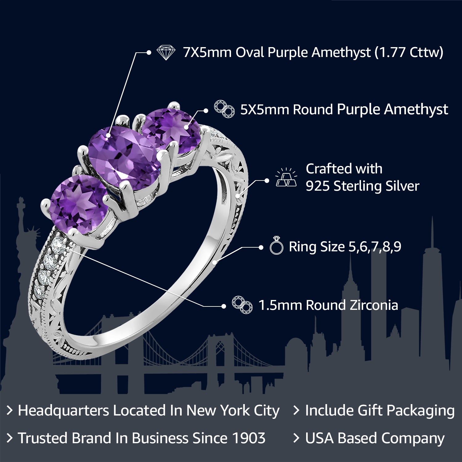 925 Sterling Silver Purple Amethyst 3 Stone Engagement Ring For Women (1.77 Cttw, Gemstone Birthstone, Available In Size 5, 6, 7, 8, 9)