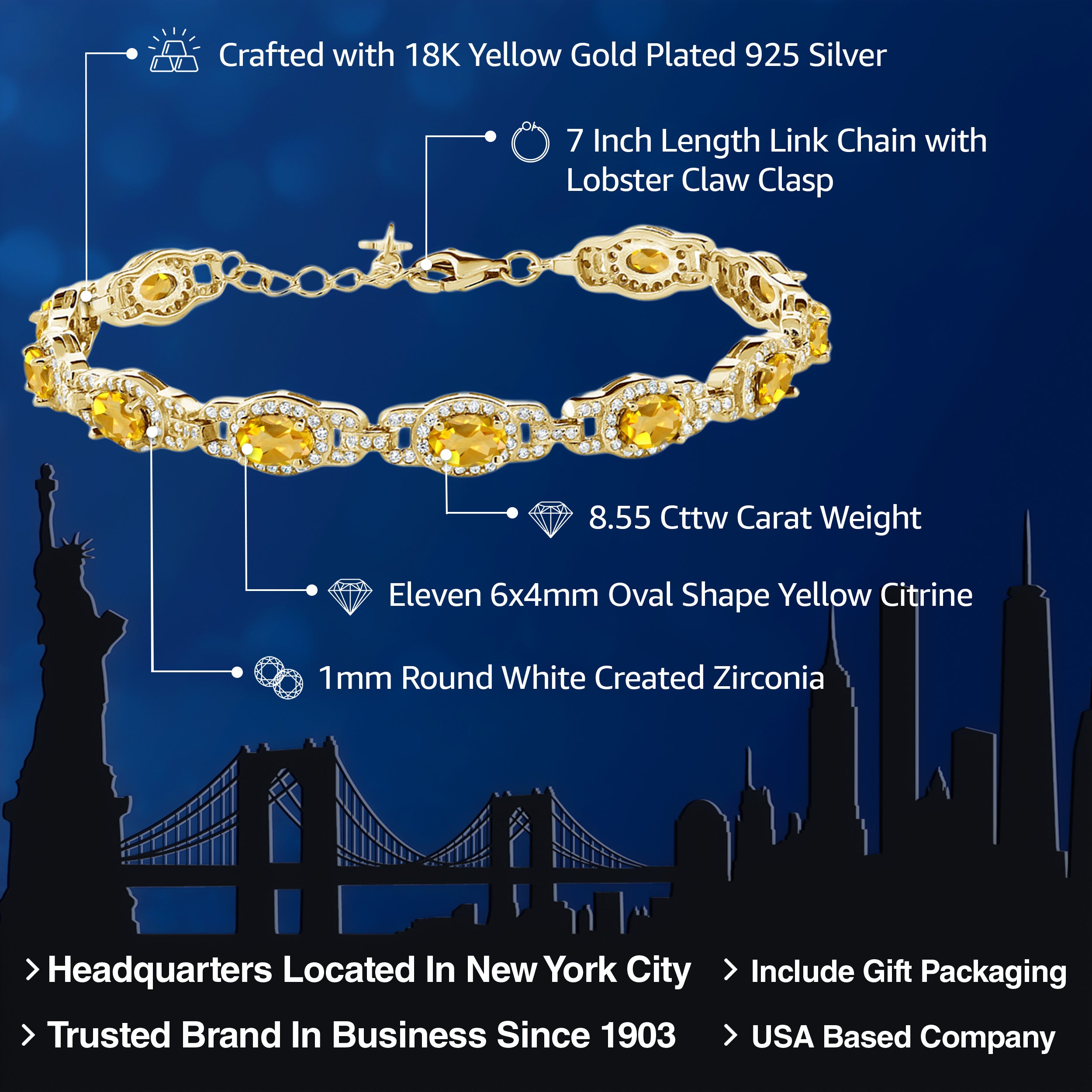 18K Yellow Gold Plated Silver Oval Yellow Citrine Tennis Bracelet For Women (8.55 Cttw, Gemstone Birthstone, 7 Inch with 1 Inch Extender)