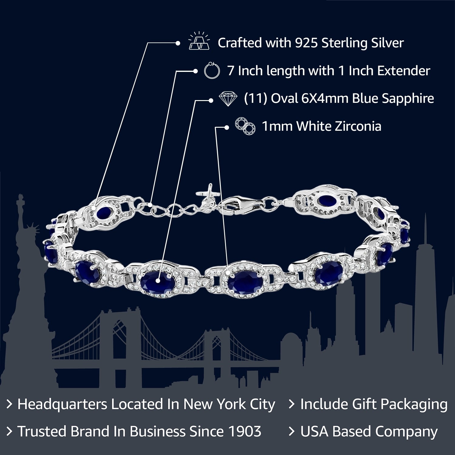 925 Sterling Silver Blue Sapphire Tennis Bracelet For Women (9.71 Cttw, Gemstone Birthstone, 7 Inch with 1 Inch Extender)