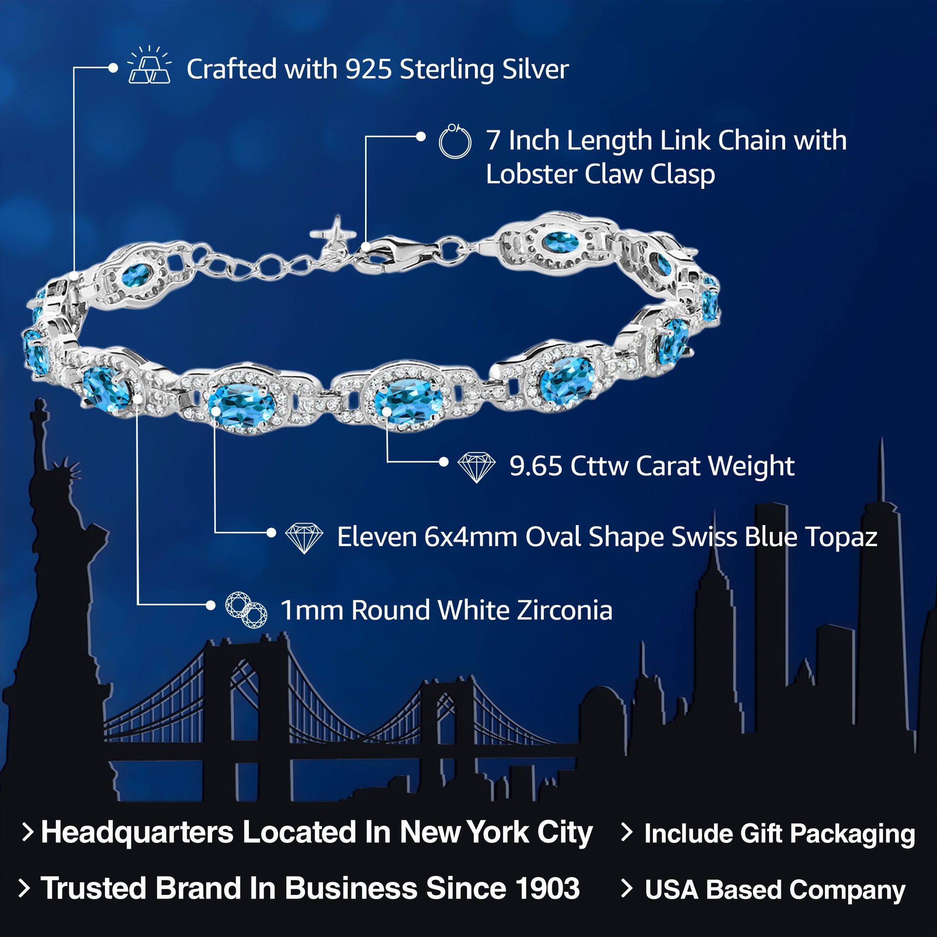 9.65 Cttw Oval Swiss Blue Topaz Tennis Bracelet For Women In 925 Sterling Silver | Gemstone Birthstone | 7 Inch With 1 Inch Extender