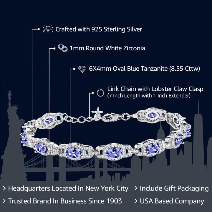 925 Sterling Silver Blue Tanzanite Tennis Bracelet For Women (8.55 Cttw, Gemstone Birthstone, 7 Inch with 1 Inch Extender)