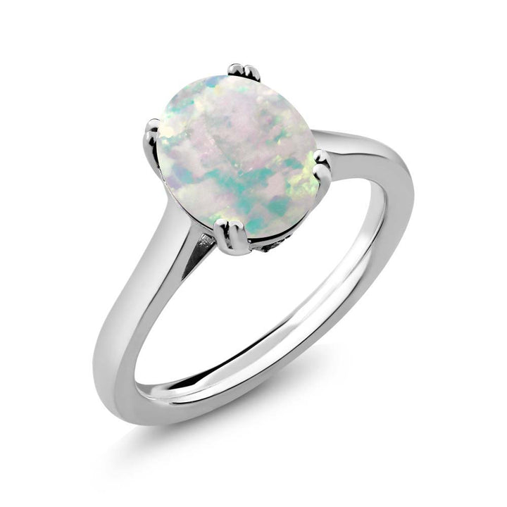 White Simulated Opal-Cabochon - October_5_Ring in 925 Sterling Silver