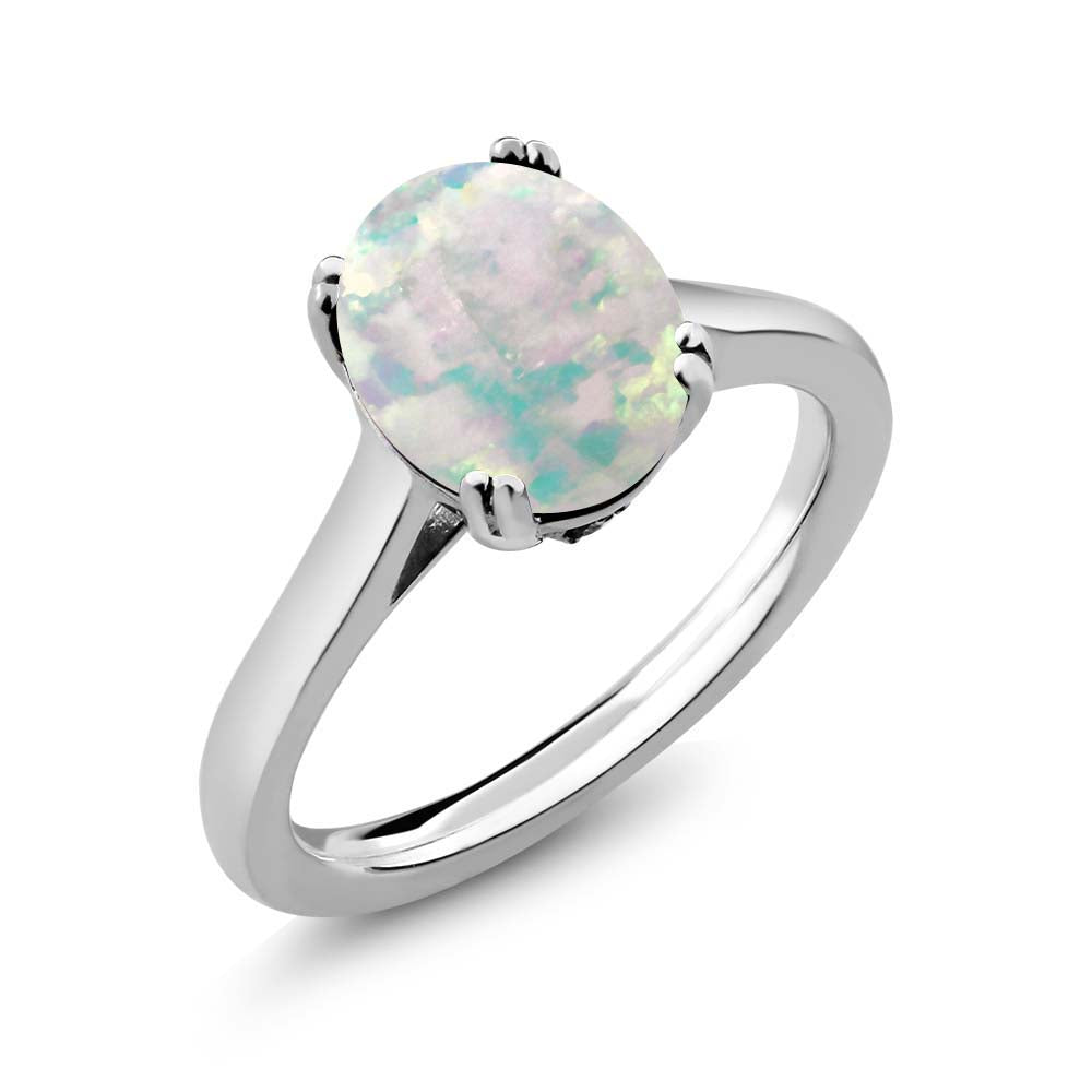 White Simulated Opal-Cabochon - October_9_Ring in 925 Sterling Silver