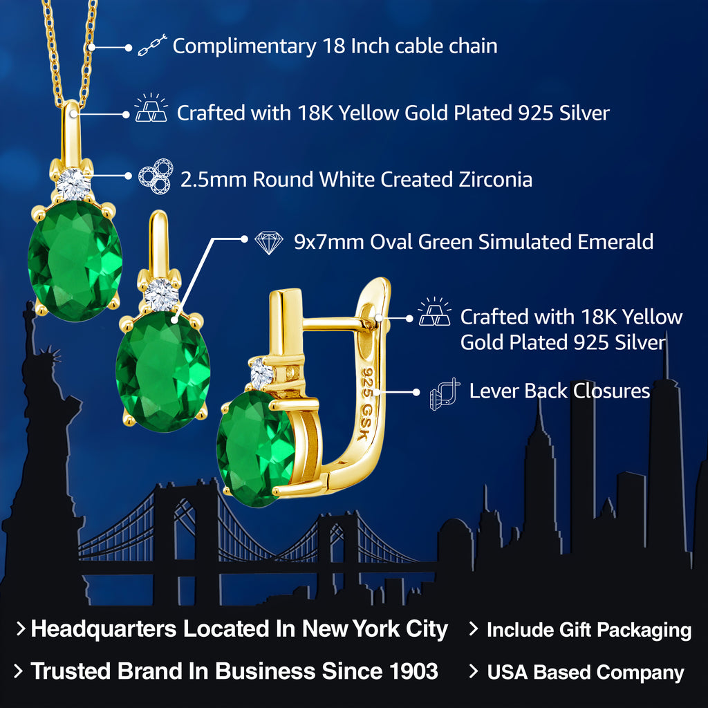 Nano Emerald - May_Pendant Earrings Set in 925 Yellow Gold Plated Silver