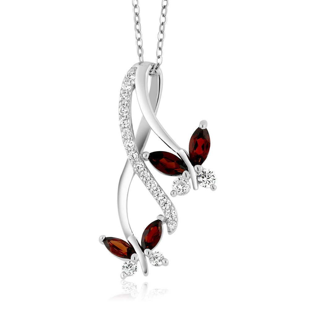 925 Sterling Silver Red Garnet Butterfly Infinity Pendant Necklace For Women (1.21 Cttw, Marquise Cut Gemstone Birthstone with 18 Inch Silver Chain)